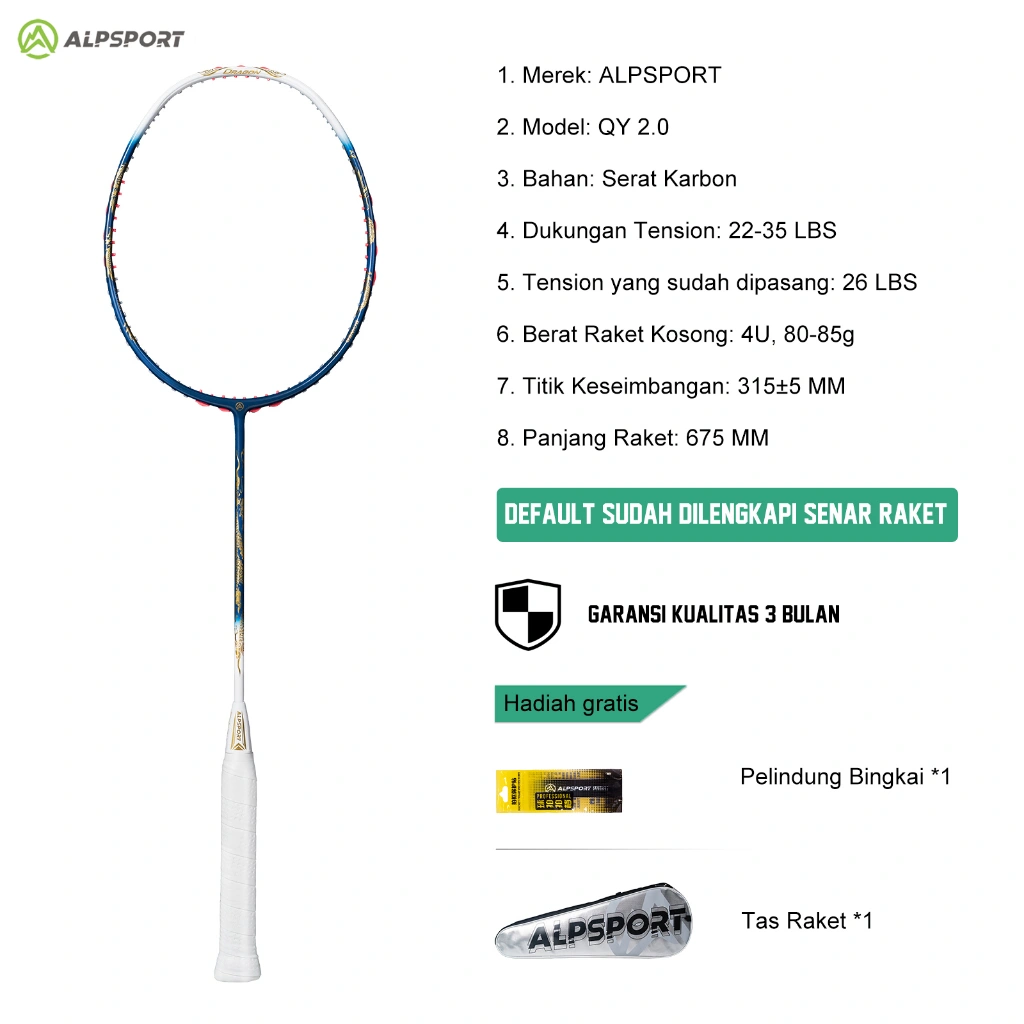 ALPSPORT New QY2.0 Pola Naga Emas Raket BuluTangkis Asli 4U Max 38LBS Golden Dragon Pattern Strung Badminton Racket Original 100% Full Carbon Fibre Asli dan Asli Slam Super Ofensif Raket Hitam Profesional Kelas Turnamen Reket Rsl Yonex Liling ALP Raket