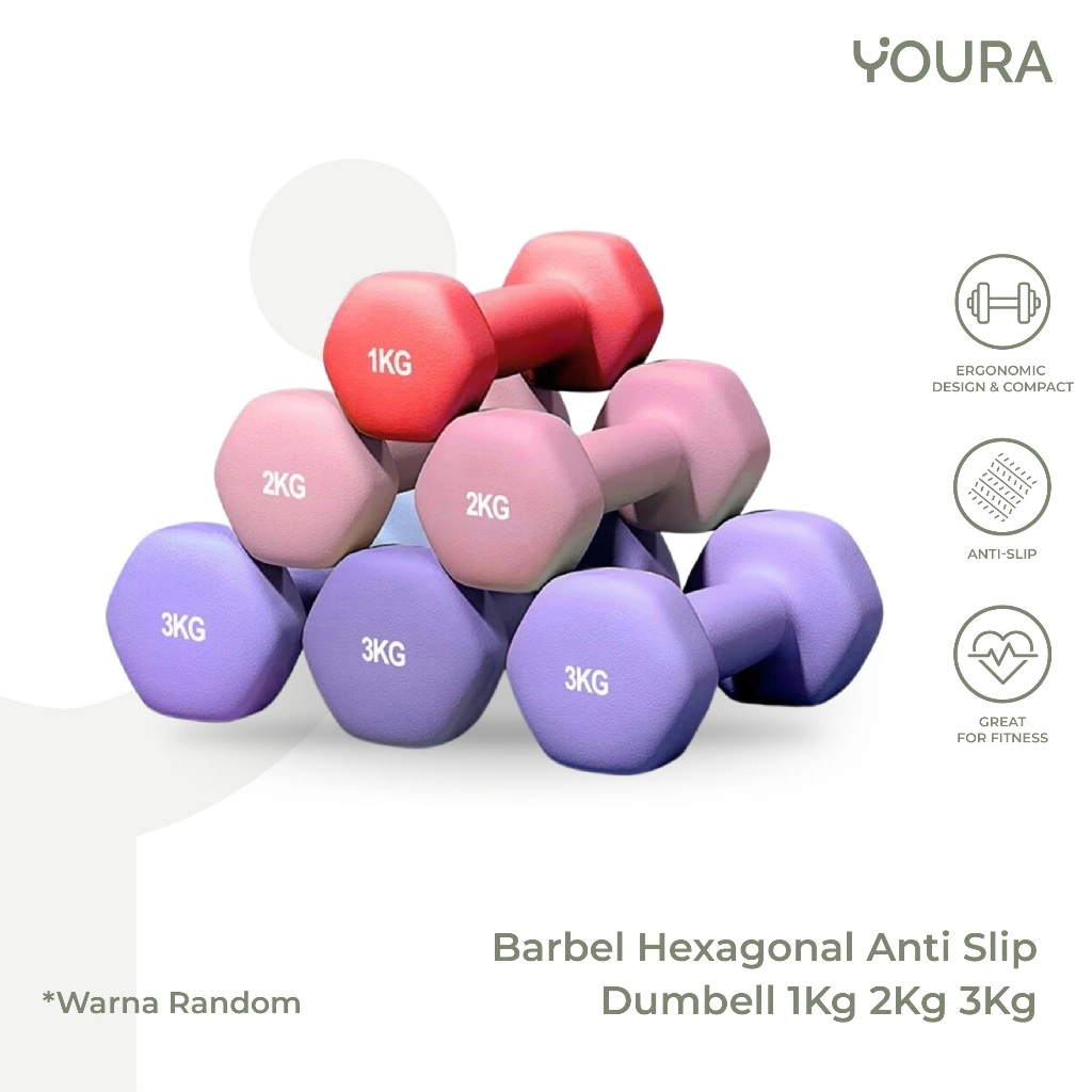 YOURA - Barbel Alat Fitness Dumbell 1KG 2KG 3KG Barbel Hexagonal Anti Slip  Alat Olahraga Premium