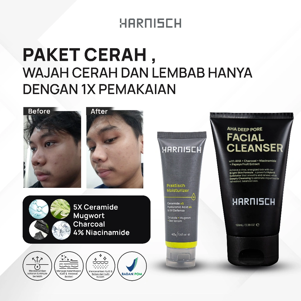 Harnisch Aha Deep Pore Facial Cleanser X Praktisch Moisturizer 2in1 Pelembab Wajah Dengan Sunscreen sabun muka pria sabun jerawat face wash pria face wash jerawat sabun muka kulit berminyak sabun kulit jerawat Sabun pembersih wajah untuk kulit kusam,