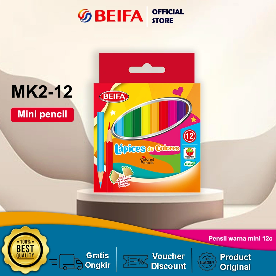 Beifa Pensil Warna MK2-12 - Colored Pencil Pendek 12 Warna Original
