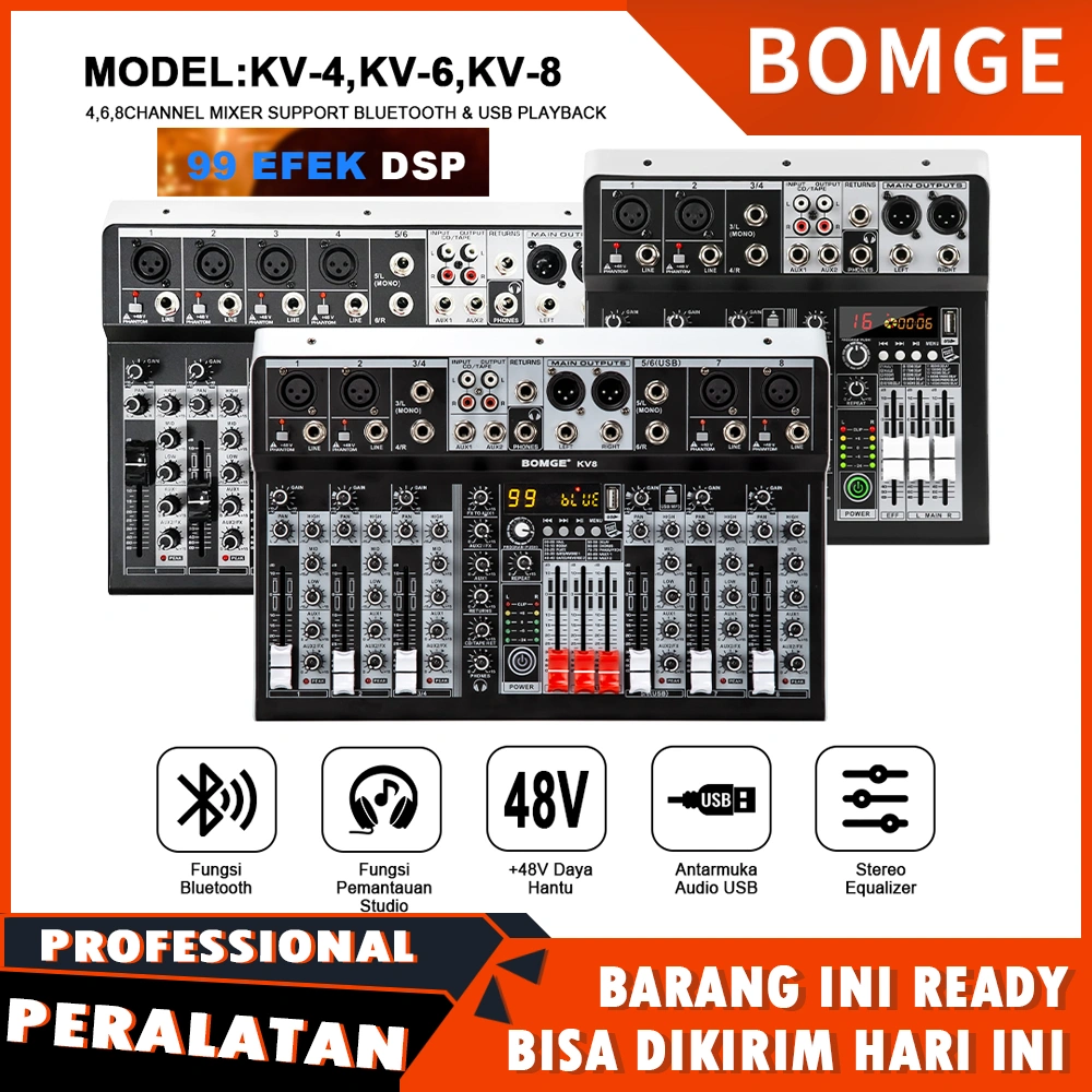 BOMGE Mixer Audio KV Mixer Audio 4/6/8Channel Interface Sound Board Mixing Console 16-Bit 99DSP DJ Mixer Audio Reverb Effect +48V Phantom Bluetooth Studio Audio Mixer For Karaoke Studio Streaming