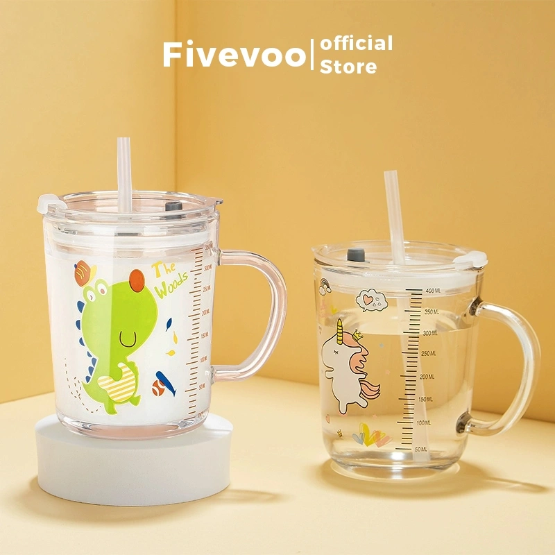 FIVEVOO Gelas Kaca Serbaguna Motif Cartoon / Gelas Anak / Gelas Susu Kartun / Gelas Sereal Anak