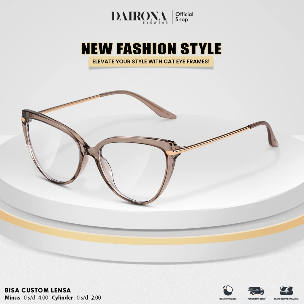 Dairona Eyewear Frame Kacamata Minus Photocromic Anti Blueray Anti Radiasi Bluecromic Kacamata Fashionable Pria Wanita Bentuk Cat Eye Bahan TR-90+Metal TR8213
