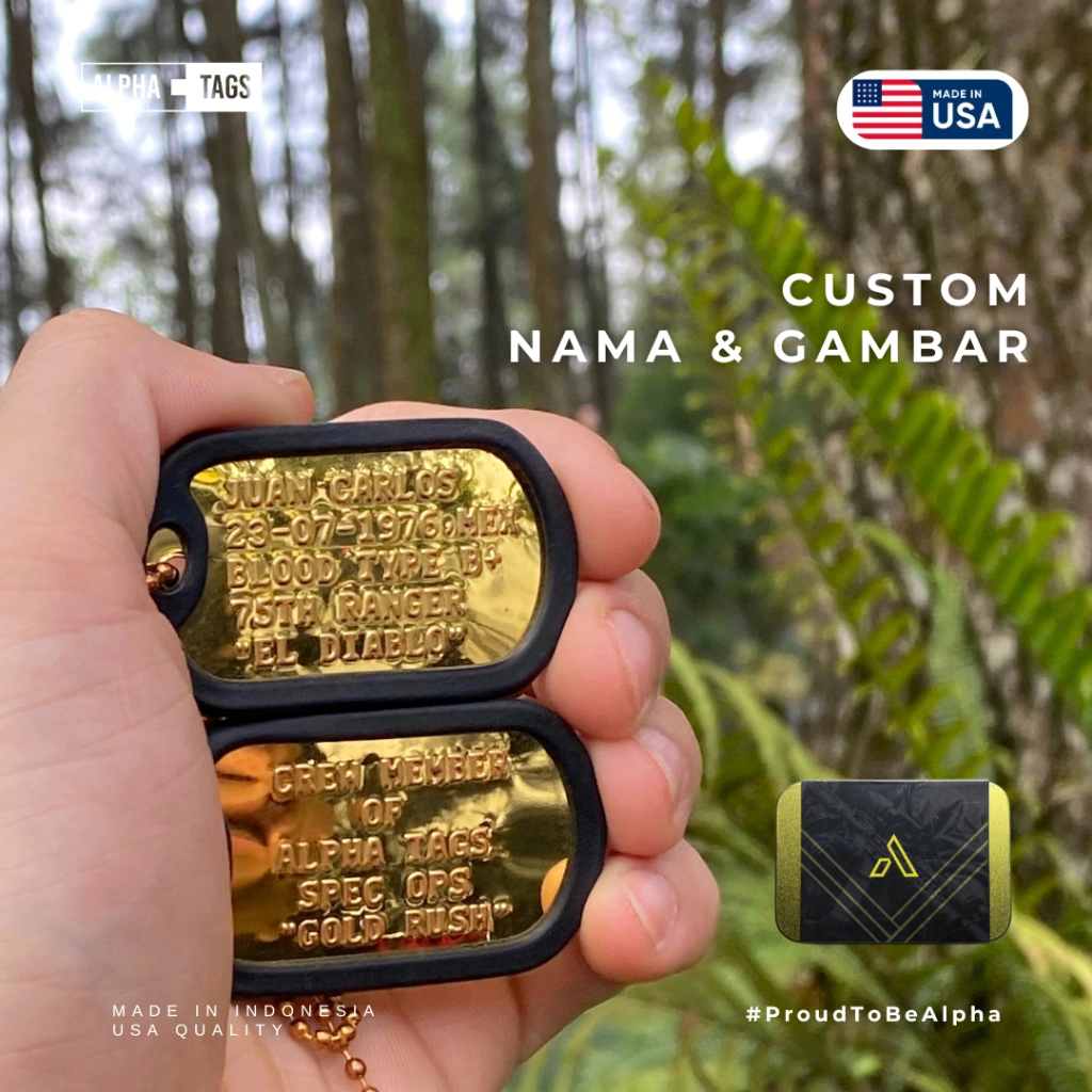 ALPHA TAGS - Kalung Dogtags Pria Emas GOLD RUSH Custom / Kalung Tentara Dog Tag Stainless Steel