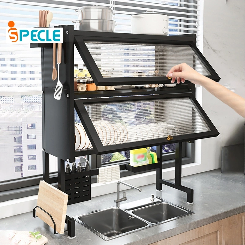 iSPECLE Double Susun Rak Piring Wastafel Dapur Multifungsi Tempat Penyimpanan Tertutup Anti Debu Anti Karat Rak Susun Atas Wastafel