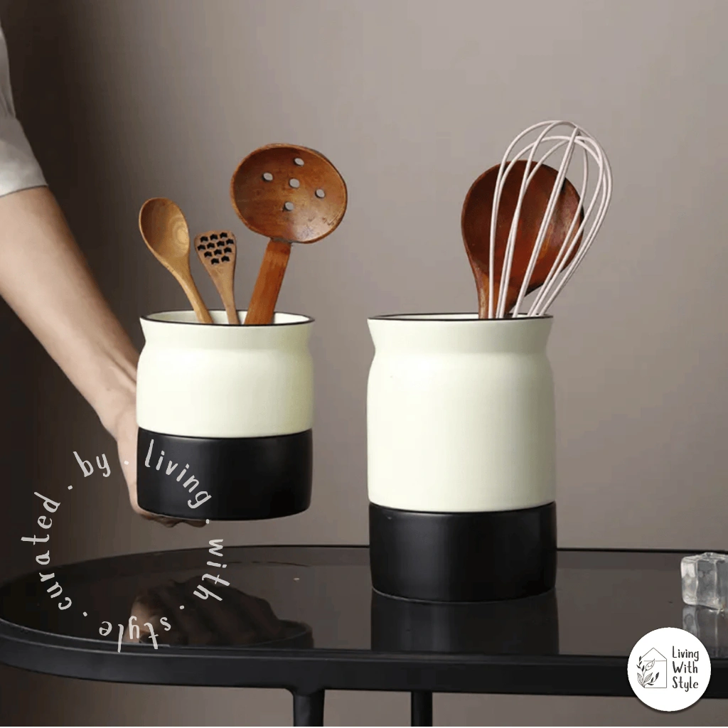 Living With Style - Yasu Black and White Cutlery Holder / Tempat Sendok Garpu Keramik Japanese Style Cantik / Holder Alat Dapur Organizer Minimaliat Aesthetic