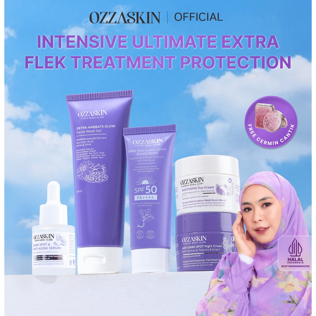 Ozzaskin Official Intensive Ultimate Extra Flek Treatment Protection Free Cermin 1Pcs Facial Wash Extra Habbats,1Pcs Sunscreen, 1Pcs Ultimate Whitening Day Cream , 1Pcs Ultimate Anti Dark Sport Night Cream, 1Pcs Dark Spot & Anti Aging Serum Vit C & Carica