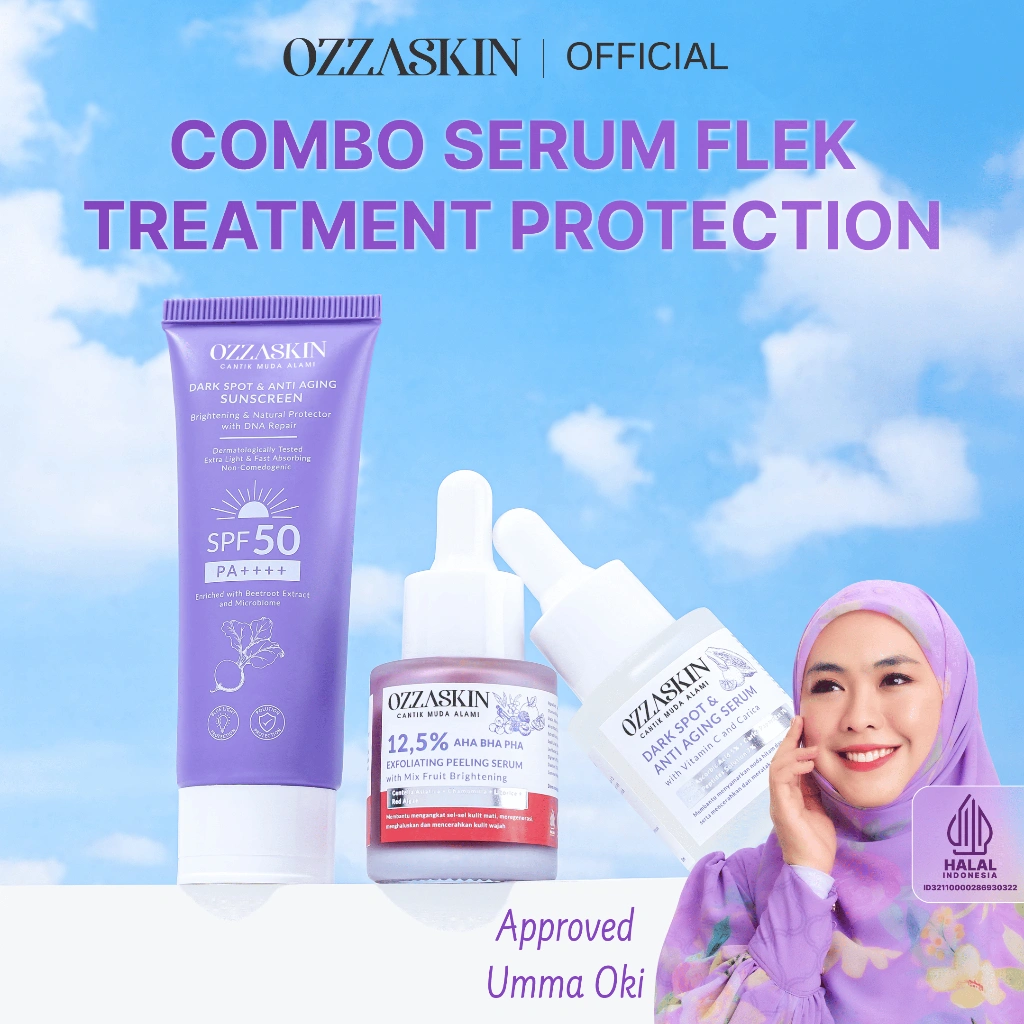 Ozzaskin Official By Oki Setiana Dewi Combo Serum Flek Treatment Protection 1 Pcs Sunscreen, 1 Pcs Dark Spot & Anti Aging Serum Vit C and Carica, 1 Pcs Exfoliating Peeling Serum Pencerah Wajah Alami Pelembab Perawatan Wajah Membantu Memudarkan Flek