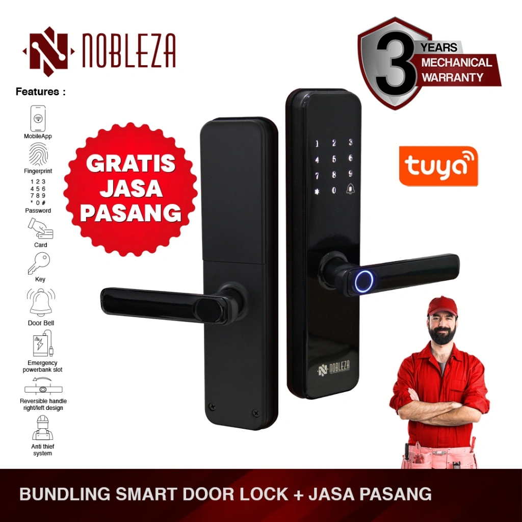 NOBLEZA Smart Door Lock Kunci Digital Free Jasa Pasang Jabodetabek Home Service ( Paket Bundling ) KP-NH7701B BLACK