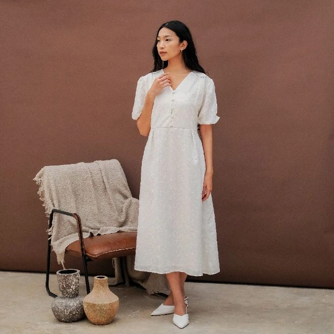 WBR Vine Dress l Dress Midi Wanita Lengan Balon