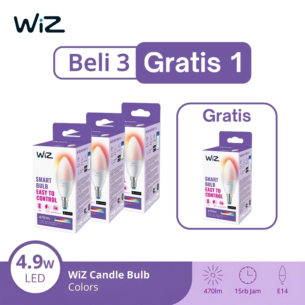 WiZ Paket Lampu Smart WiFi Candle Bulb LED 4.9W E14 Beli 3 Gratis 1 - Lampu Aesthetic, Lampu Hias