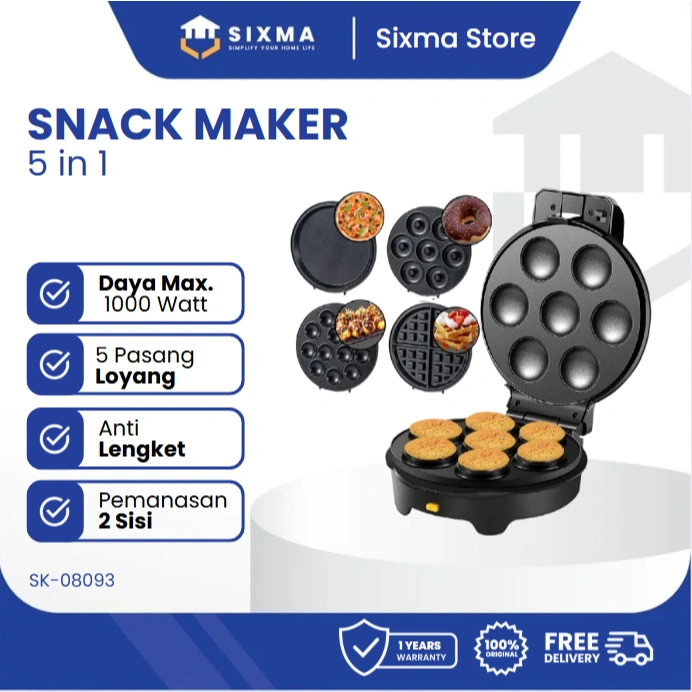 Snack Maker 5 in 1 Alat Pemanggang 5 Pasang Cetakan Low Watt FREE BUKU RESEP Sixma SK-08093