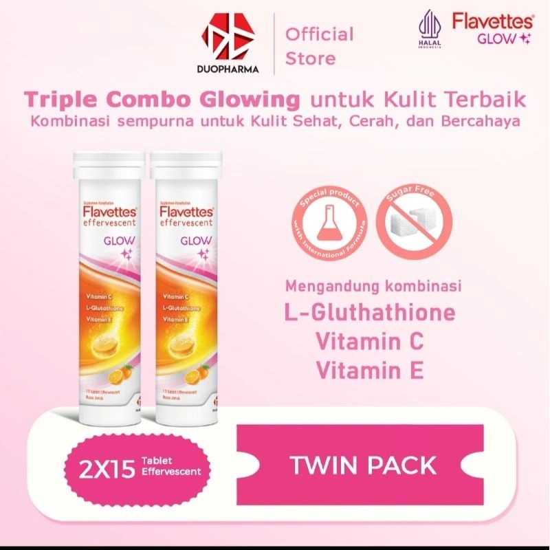 Flavettes Glow (15's x 2 Tubes) Suplemen Minuman Kecantikan dengan L-Gluthathione, Vitamin C, Vitamin E, Membantu Melembapkan dan Mencerahkan Kulit