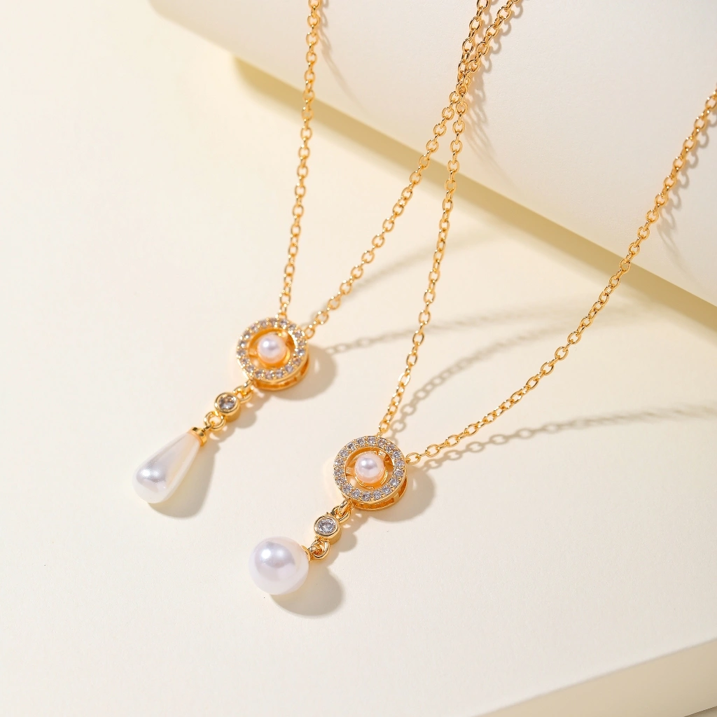 BLK Kalung Wanita Perhiasan Titanium Anti Karat Emas Mutiara & Permata Zircon Jewelry Premium Hadiah