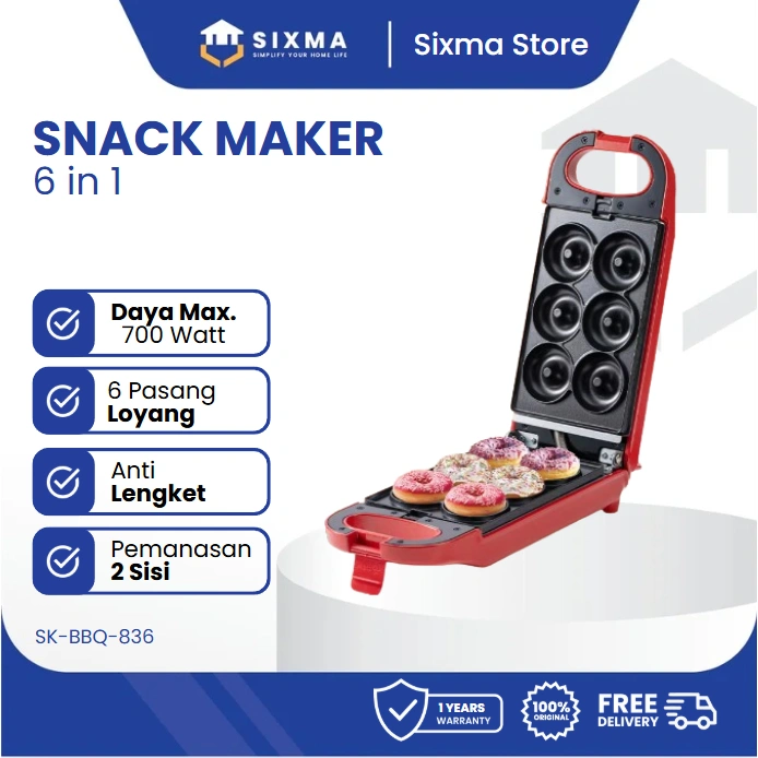 Snack Maker 6 in 1 Alat Pemanggang 6 Pasang Cetakan Low Watt FREE BUKU RESEP Sixma SK-BBQ-836