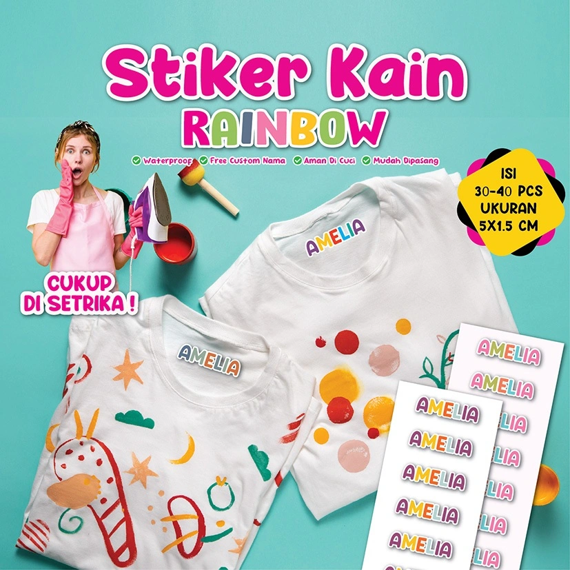 Sticker Kain Custom Nama Warna Lucu Cute / Stiker Baju Custom / Kain / Sablon Nama / Sablon Baju Nama Anak(iron on)  Rainbow