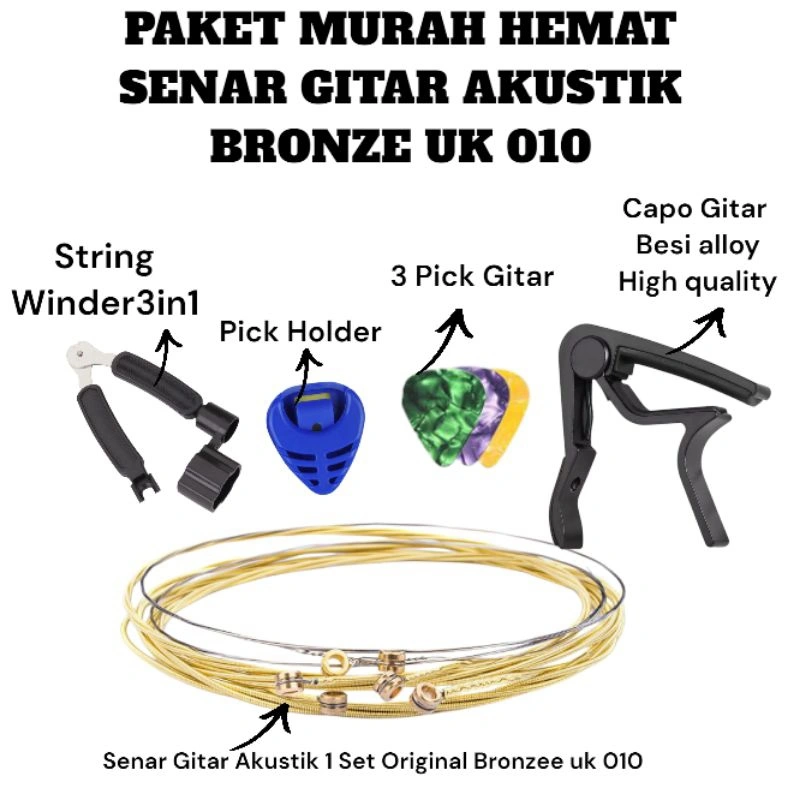 Bundle Senar Gitar Akustik + Capo + Pick + String Winder 3in1 - Hemat dan Berkualitas
