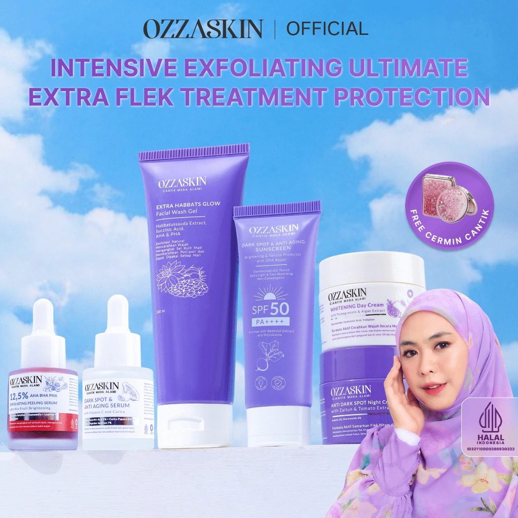 Ozzaskin Official Intensive Exfoliating Ultimate Extra Flek Treatment Protection Free Cermin 1Pcs Facial Wash,1Pcs Sunscreen,1Pcs Ultimate Day Cream,1Pcs Ultimate Night Cream,1Pcs Dark Spot & Anti Aging Serum VitC and Carica,1Pcs Exfoliating Peeling Serum