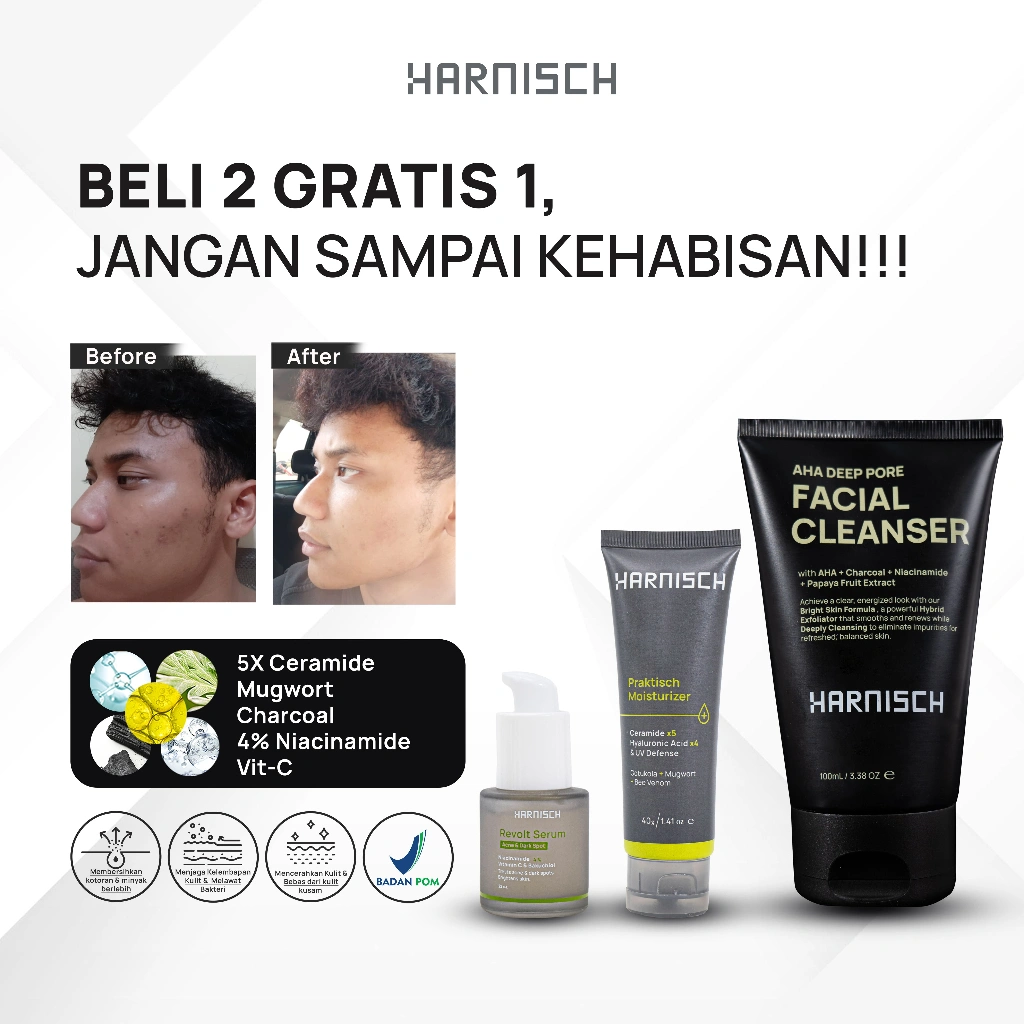 Harnisch Aha Deep Pore Facial Cleanser X Revolt Serum  X Praktisch Moisturizer 2in1 Pelembab Wajah Dengan Sunscreen  sabun muka pria sabun jerawat face wash pria face wash jerawat sabun muka kulit berminyak