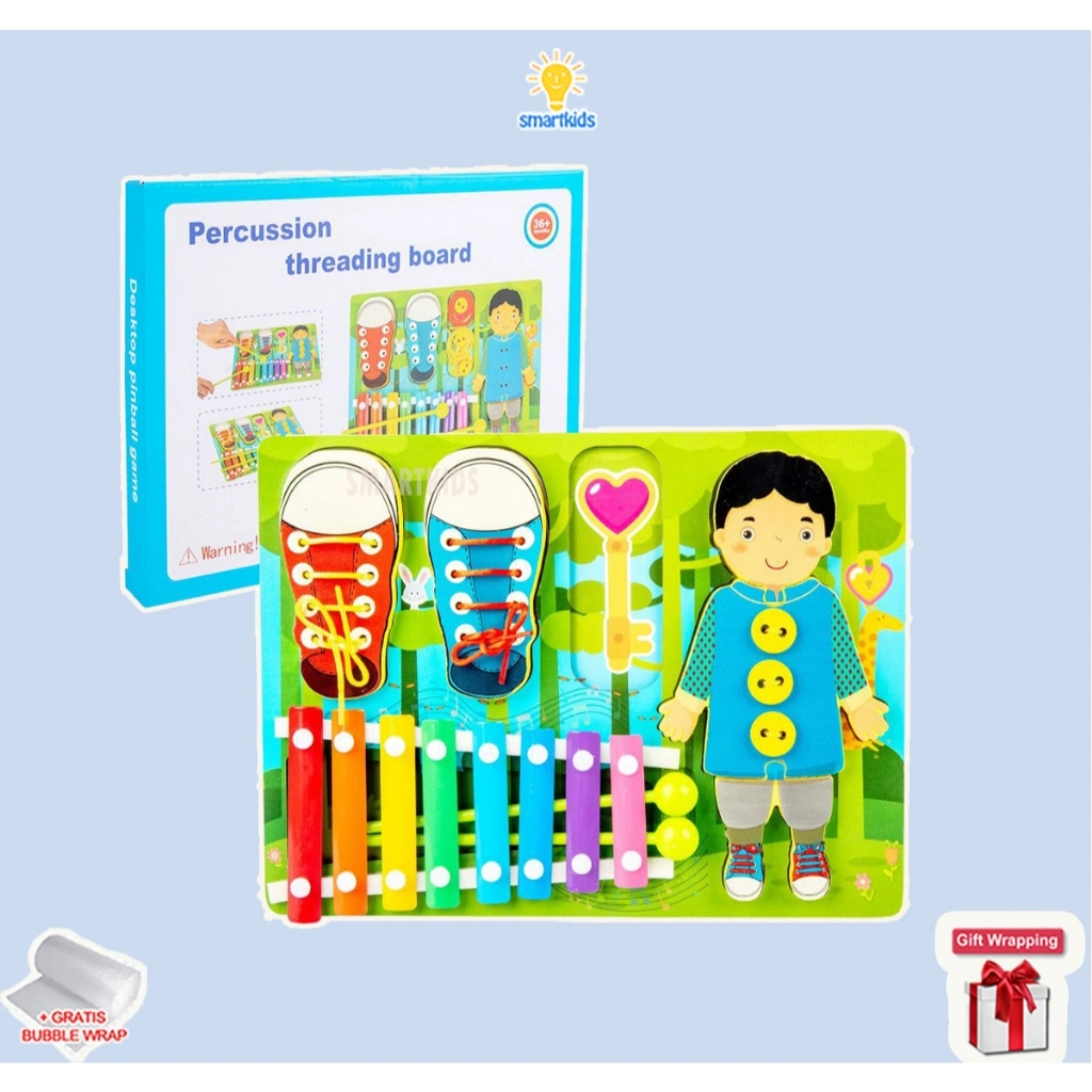 Busy Board Wooden Puzzle Montessori Mainan Edukasi Anak Beragam Aktivitas Memasang Kancing Mengikat Tali Sepatu Xylophone Toy Melatih Motorik Sensorik Logika