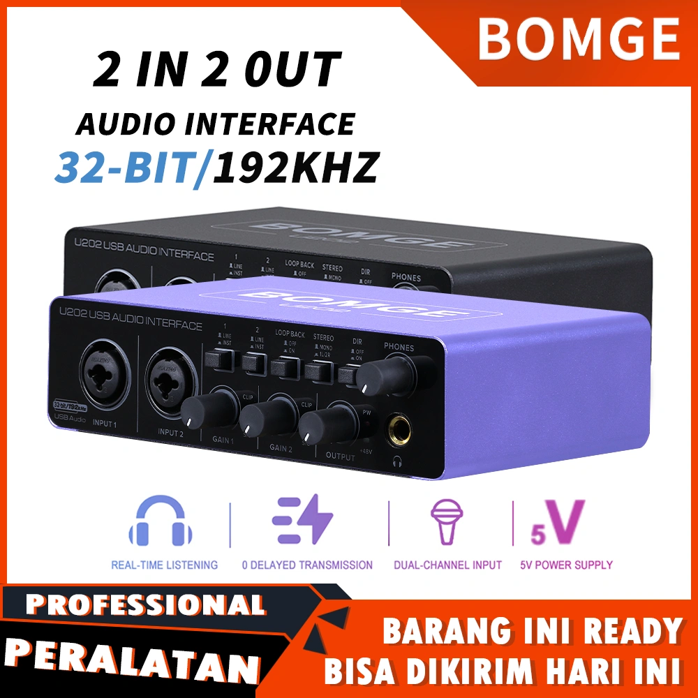 BOMGE U202 USB Audio Interface with Mic Preamplifier XLR/TSR/TS Ports,48V,32-Bit/192kHz Resolution for computer recording,Streaming ,Podcasting