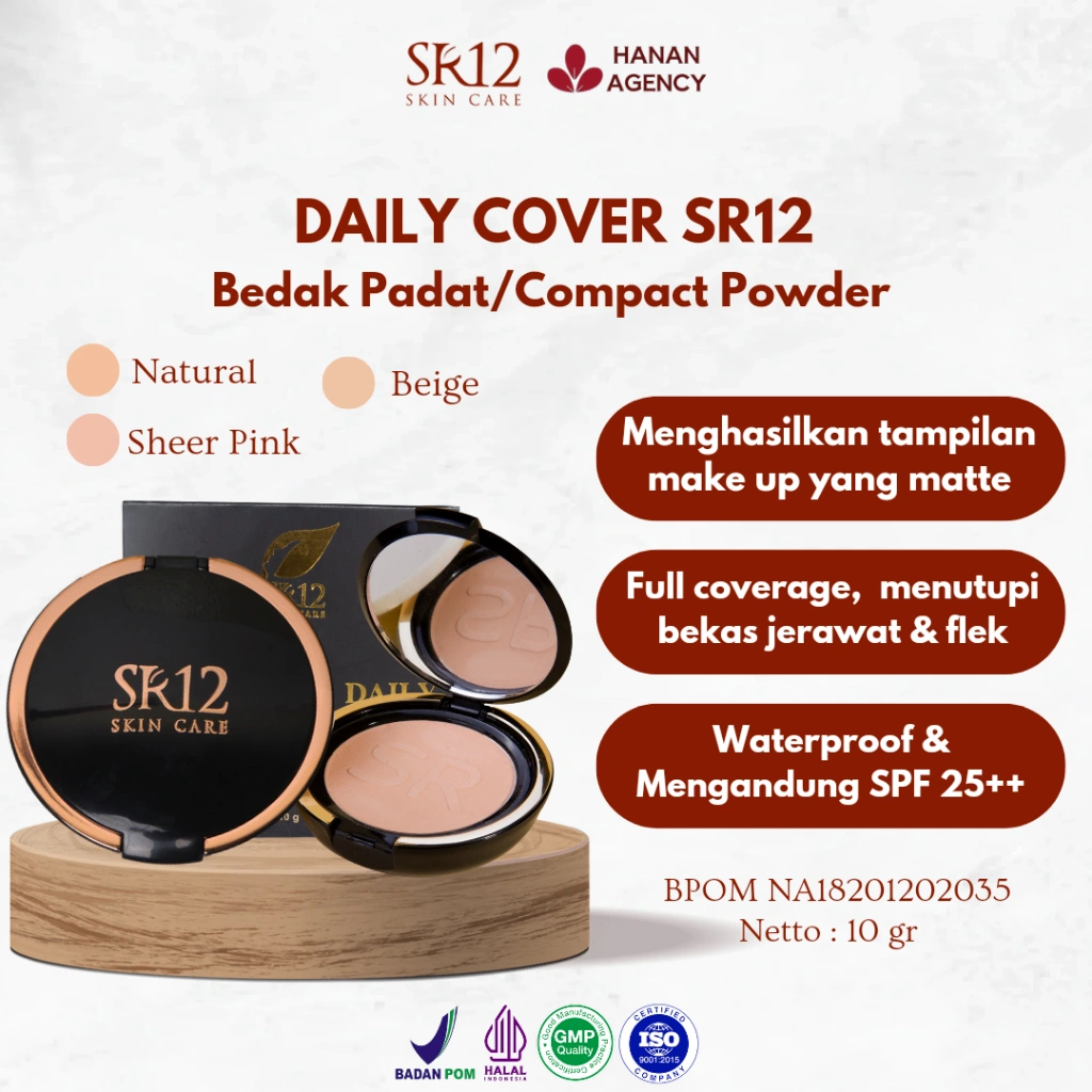 Bedak Padat SR12 Daily Cover Natural | Compact Powder Bedak Glowing Tahan Lama Full Coverage