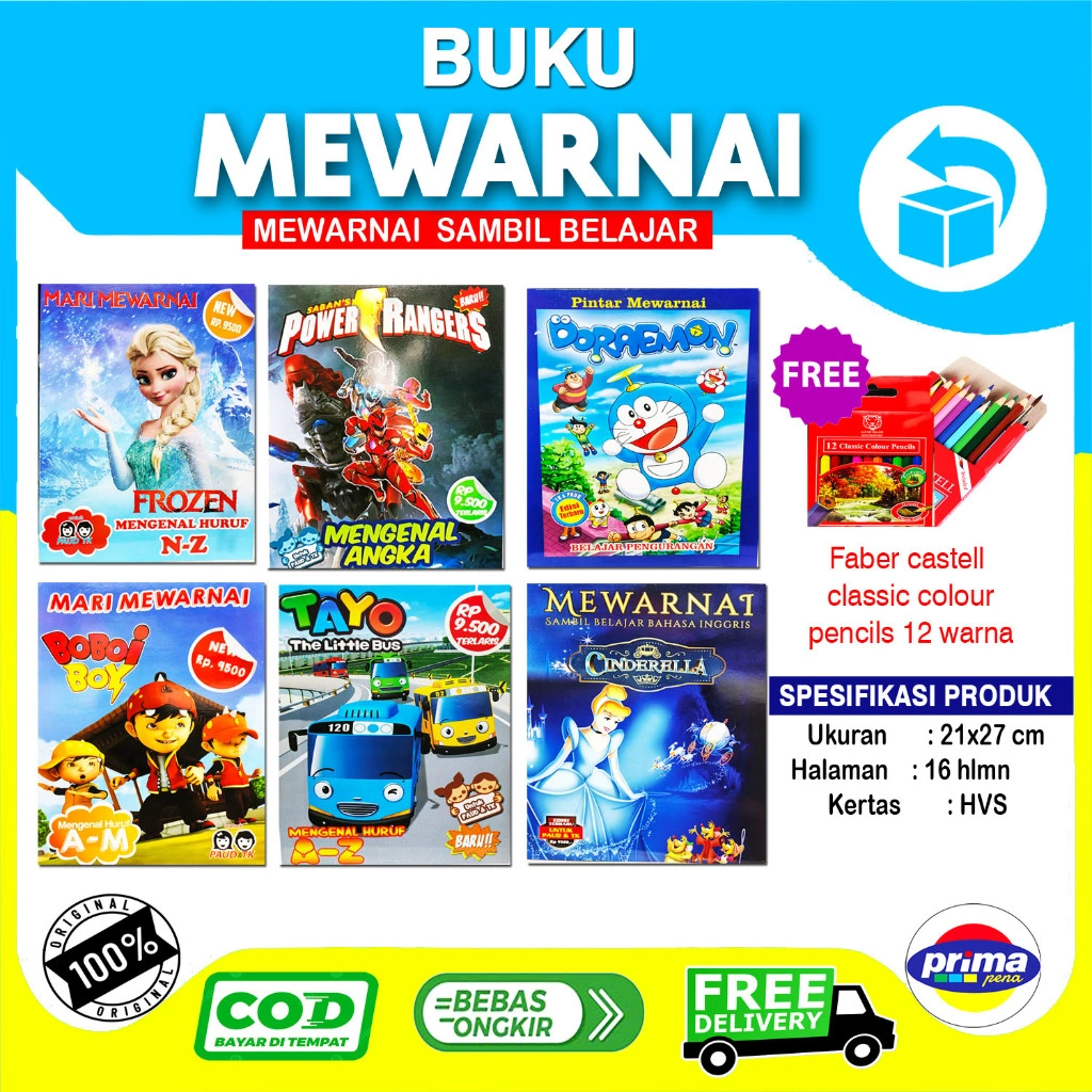 Buku Mewarnai Sambil BelajarPaket 6 Buku/Free pencil warna/Prima pena