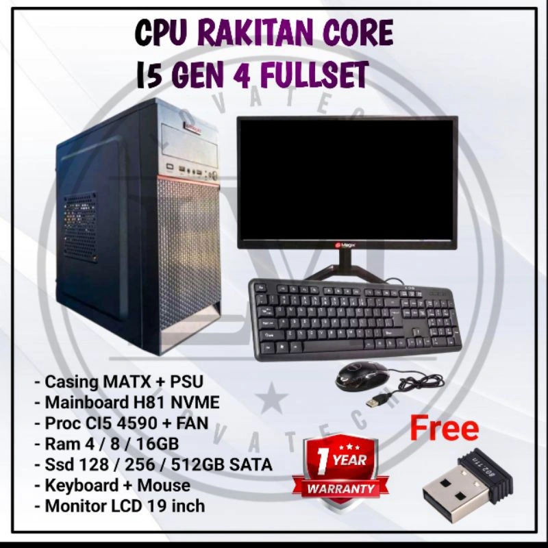 PC KOMPUTER FULLSET CORE I5 MURAH/ CPU RAKITAN FULLSET CI5 GEN 4 RAM 16GB / SSD 512GB SATA + MONITOR 19 INCH ( BARU )