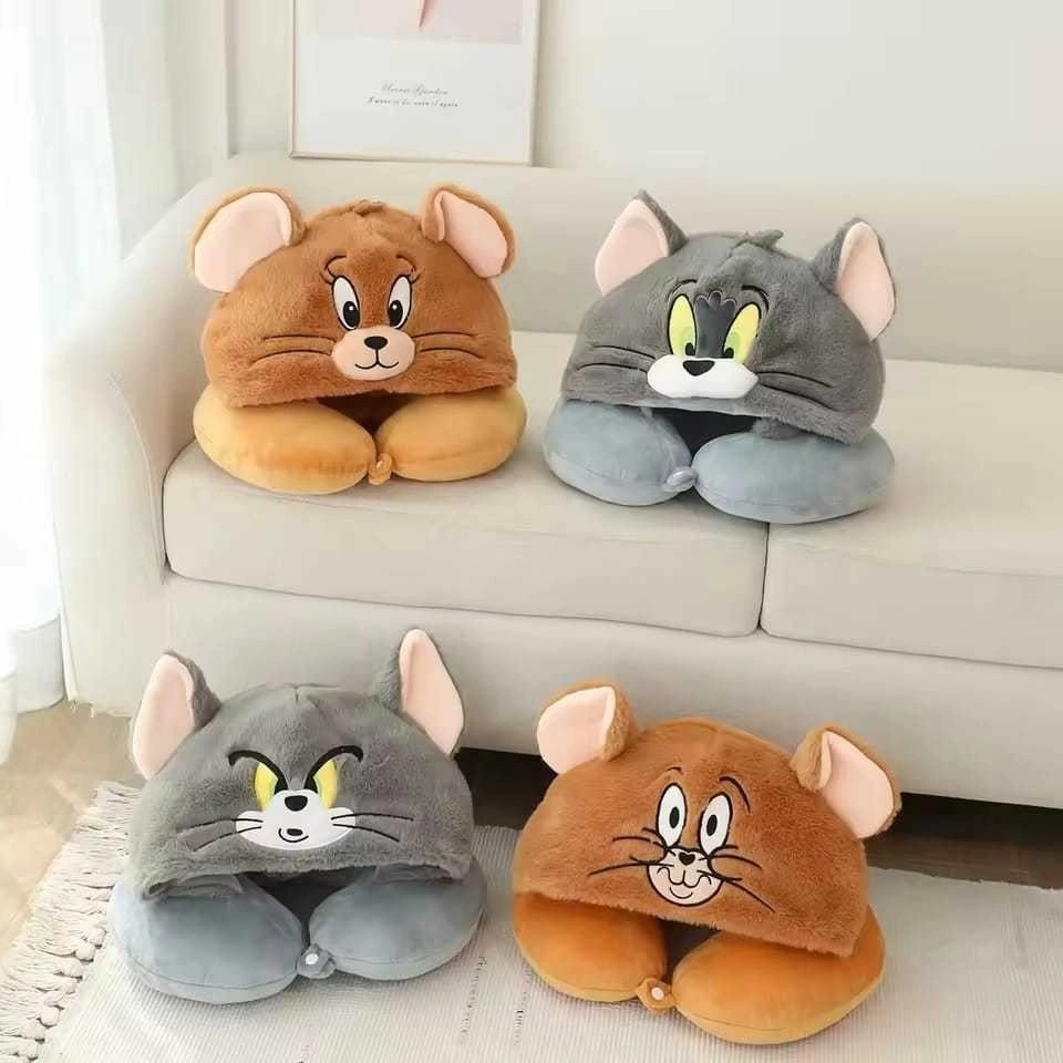 Bantal Leher Karakter Tom & Jerry Hoodie – Sandaran Perjalanan Mobil, Bahan Halus & Lembut