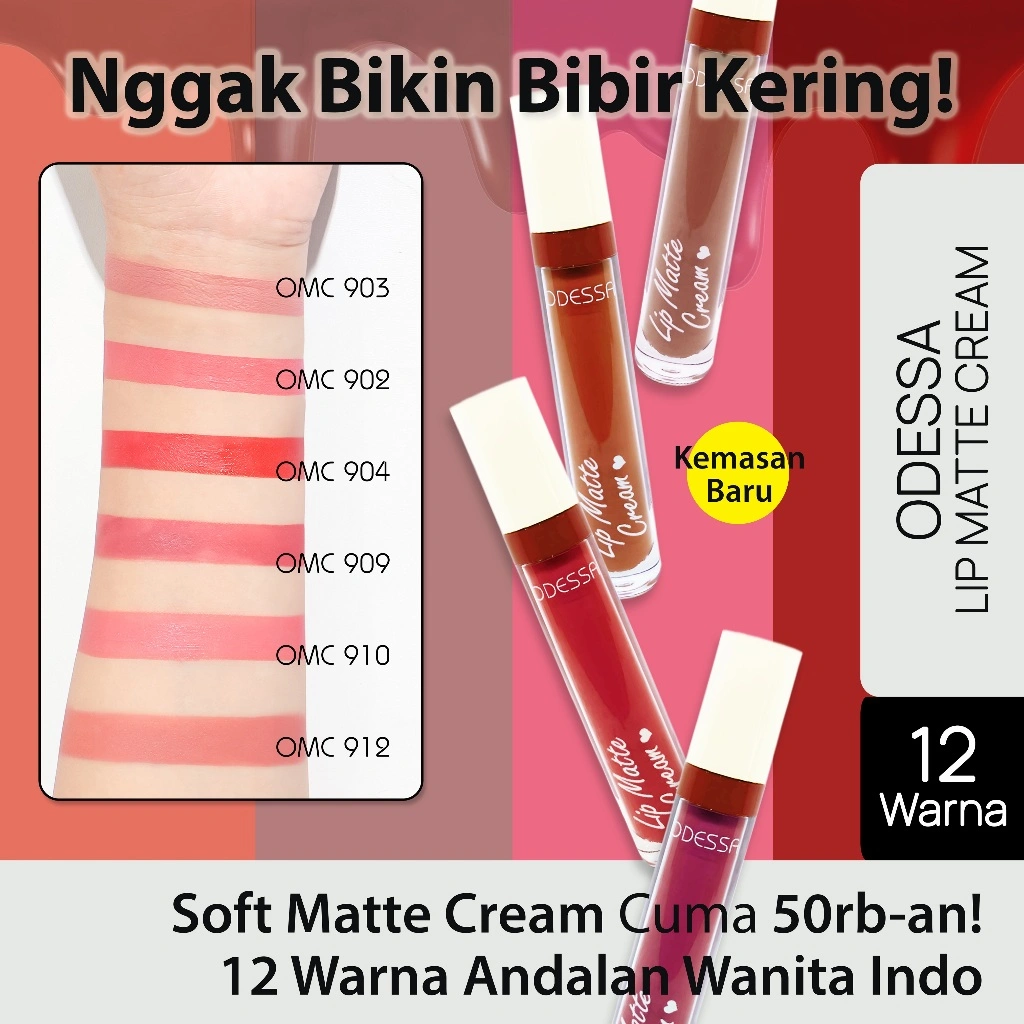 [ KEMASAN BARU ] ODESSA Lip Matte Cream – Lipstik Cair Ringan Tahan Lama | 12 Warna Cewek Indo