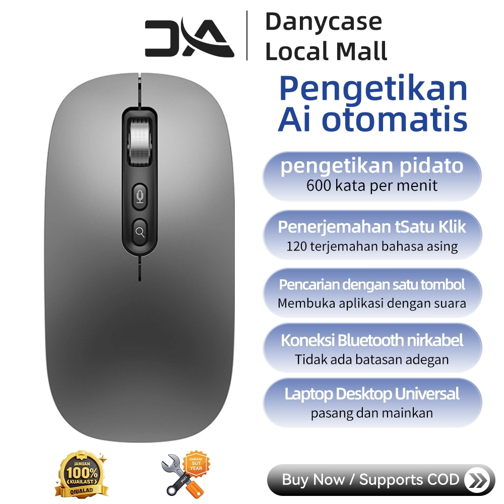DANYCASE Mouse Nirkabel Kontrol Suara + Penerjemah 130 Bahasa LIVE | Bluetooth 5.0/USB, Desain Ergonomis, Tombol Senyap - Untuk Meeting/Gaming/Kantor