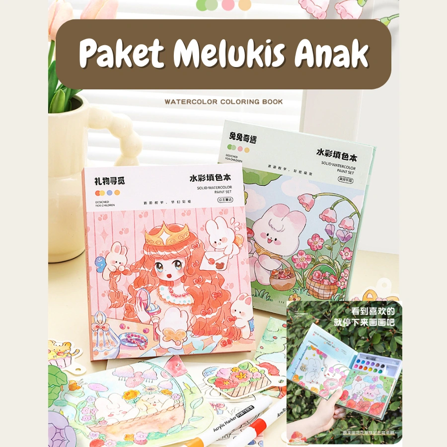 Paket Melukis Anak Lengkap Dengan Kuas Buku Gambar Mewarnai Water Colour Painting BG0006