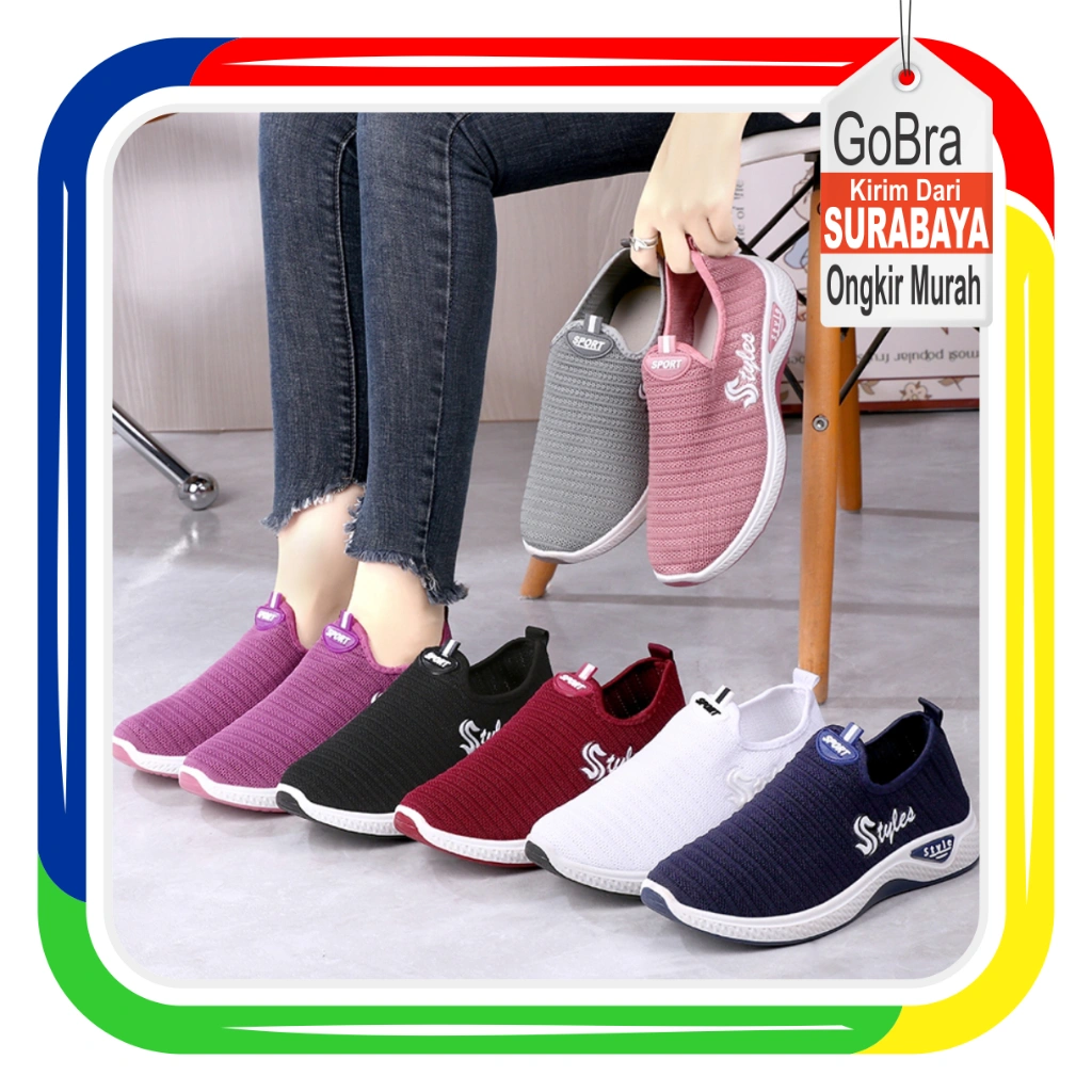 Gobra ♕ SEP106 (Tanpa Kotak) Sepatu Sneakers Wanita Polos Tanpa Tali 7 Pilihan Warna Simple Bahan Rajut Ringan Jogging Olahraga Sepatu Cewek Sport Sepatu Cewek Casual Style