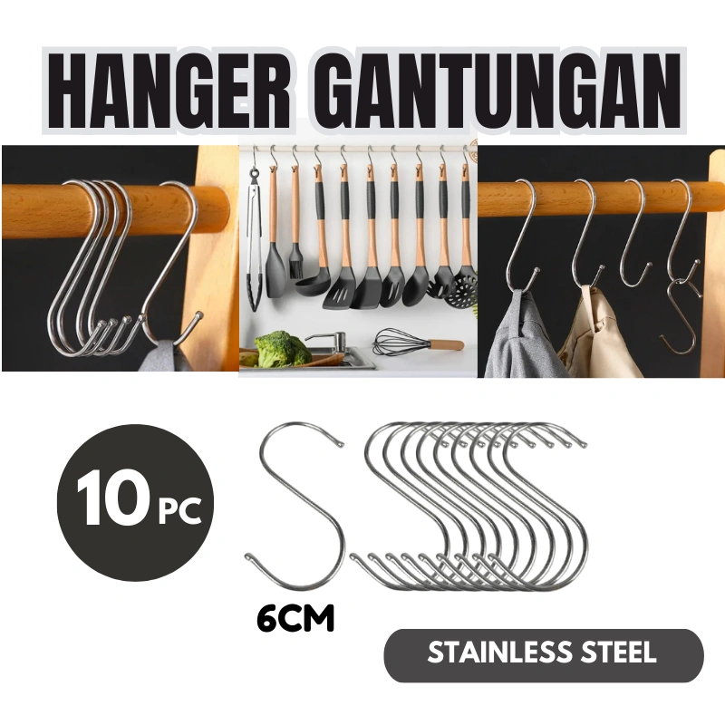Hanger Gantungan S Type Hook Stainless Steel 10 PCS 6 cm Serbaguna Cantolan Baju Dapur Tanpa Paku