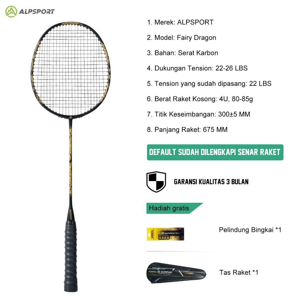 ALPSPORT SL Dragon Teknik Patung Relief Raket Emas Hitam Dirangkai 4U 26LBS Raket BuluTangkis Ofensif Single with Tas 100% Desain Asli Roket Serat Karbon Penuh Untuk Pelajar Pemula Amatir Rsl Reket Yonex Liling Victor ALP Badminton Racket Original