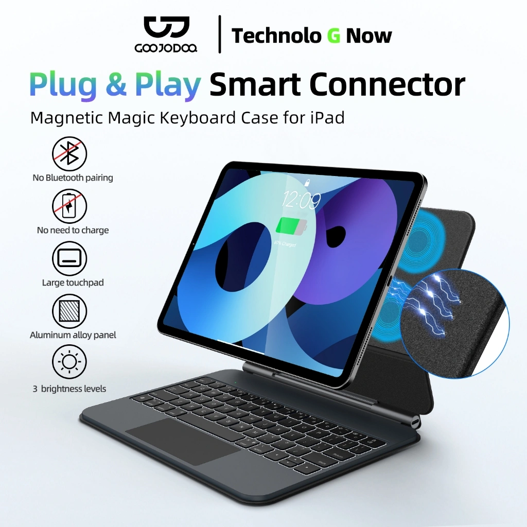 Goojodoq 6th Gen Smart Magic Keyboard for iPad 2018-2025 untuk Aluminium Frame & Reverse Charging - Air 4/5/6 11 pro11