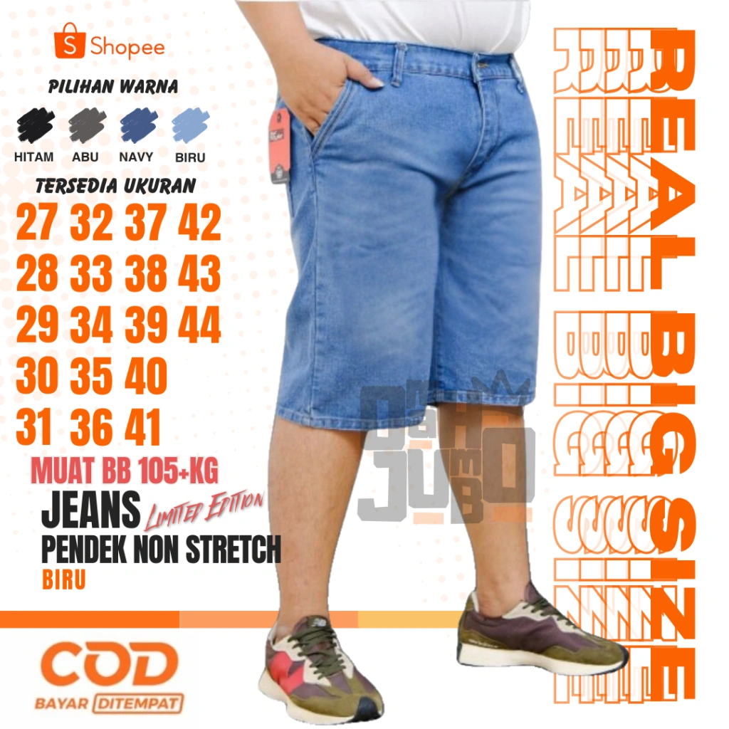 Celana Jeans Pendek Jumbo Pria Bahan Non Stretch Big Size 39-44