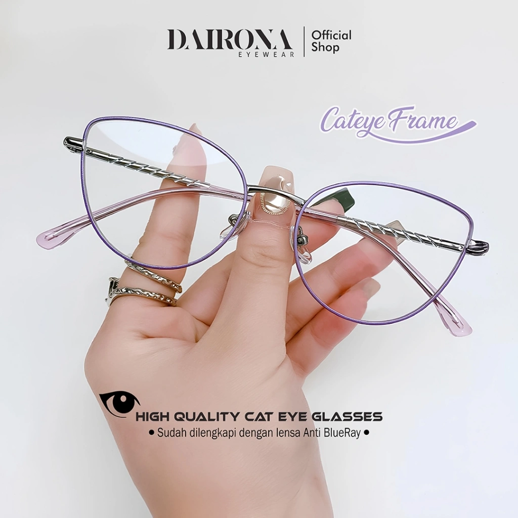 Dairona Eyewear Frame Kacamata Minus Photocromic Anti Blueray Anti Radiasi Bluecromic Kacamata Fashionable Wanita Bentuk Cat Eye Bahan TR-90+Metal F93006