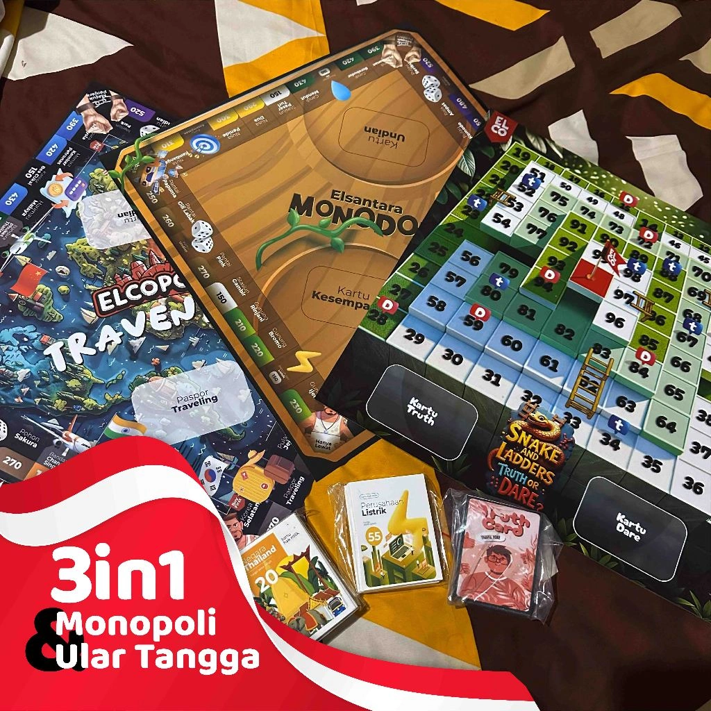 (Bisa COD) 3in1 Set Monopoli Ular Tangga Kertas by Elco (Permainan Keluarga 2in1)