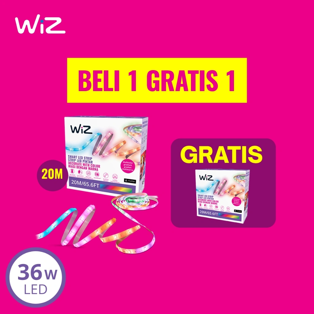 Beli 1 Gratis 1 WiZ Lampu Smart LED Strip 20M Starter Kit WiFi RGBIC adaptor – Lampu Hias TV, Lampu Dinding