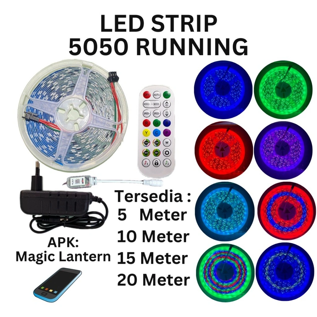 lampu led strip running  5050 ws2811 DC24v /5meter.10meter.15meter.20meter/ paket lengkap tinggal colok