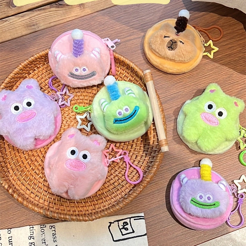 Dompet Koin Mini Bulu Lucu, Gantungan Dekorasi Gadis, Tempat Penyimpanan Earphone Kreatif dengan Karakter Kartun