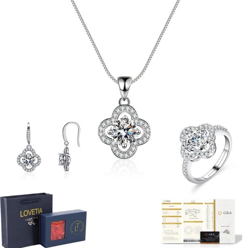 LOVETIA Set Semanggi Berdaun Empat Moissanite Perhiasan Berlian Wanita 1.0 CT Sertifikat GRA BTTZ007