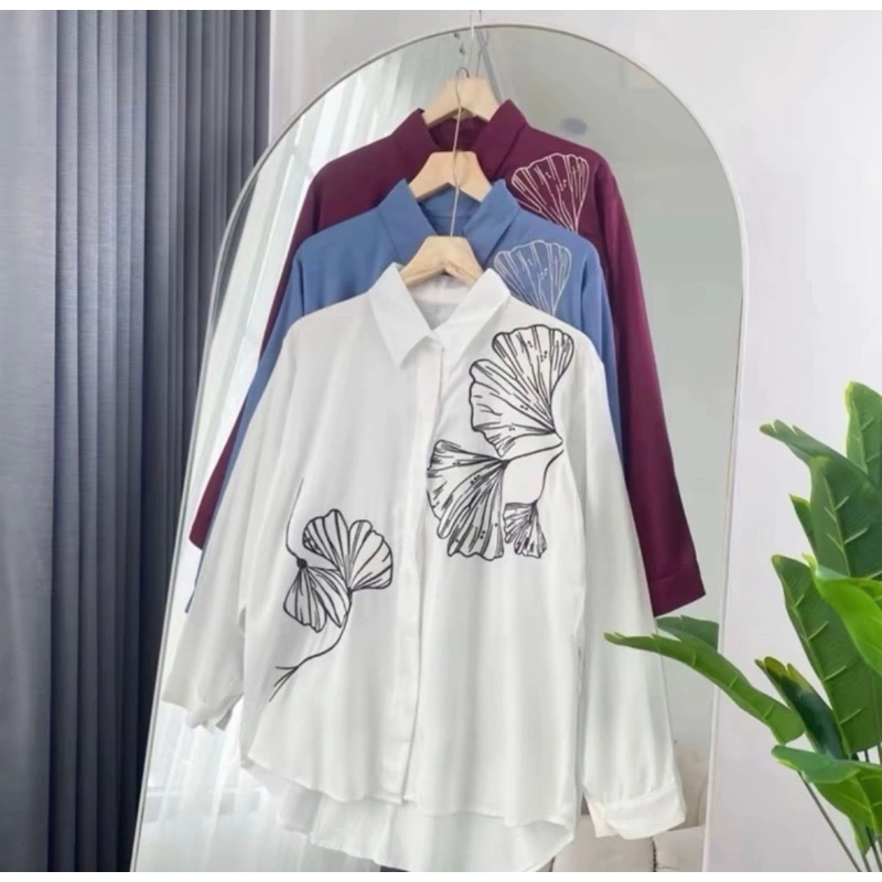 Kemeja Anggun Bordir Bunga Lengan Panjang - Atasan Bordir Korean Look - Blouse Bordir Trendy Shope - Kemeja Basic Bordir Terbaru - Atasan Bordir Elegan