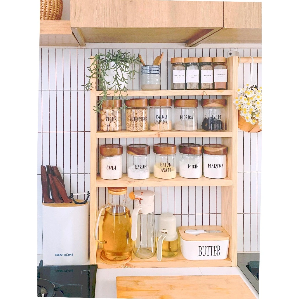 Rak Bumbu Dapur Kayu Susun Aesthetic Minimalis Serbaguna Rak Minyak Organizer