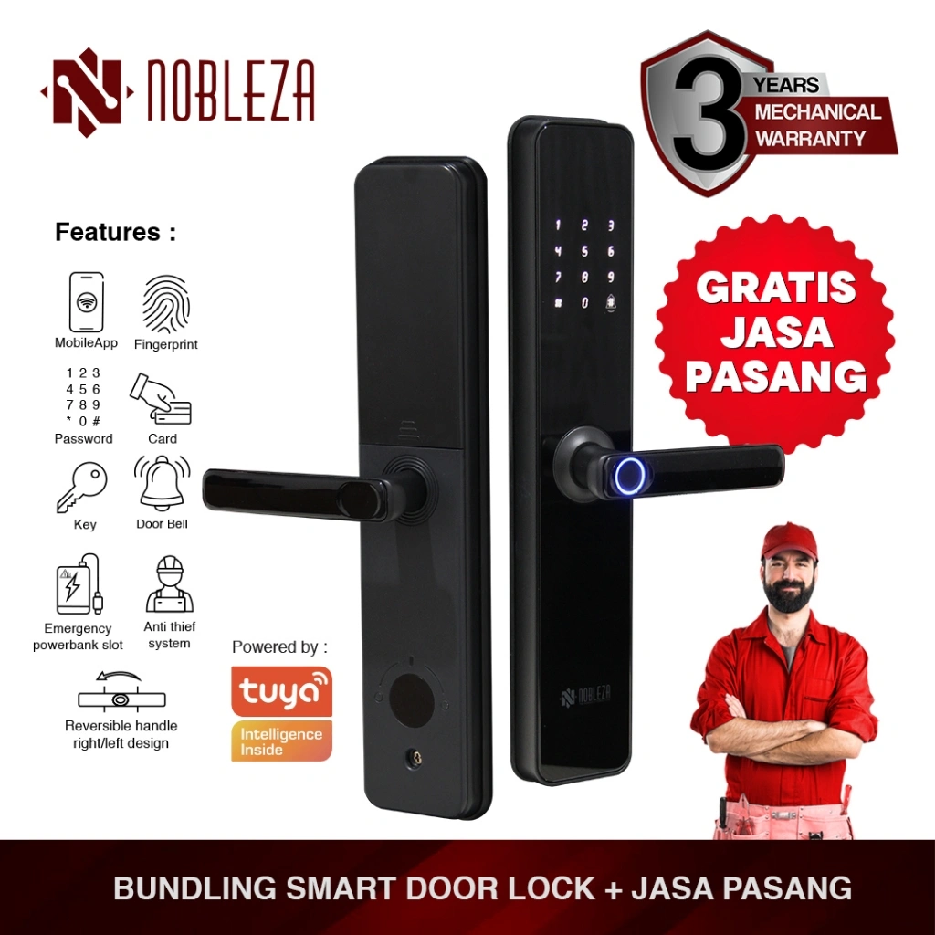 NOBLEZA Smart Door Lock Kunci Pintu Digital Handle Fingerprint Smartlock TUYA WIFI ( Paket Bundling Free Jasa Pasang Jabodetabek ) KP-NH7705B
