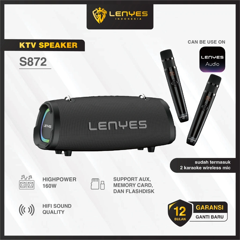 LENYES S872 160W Outdoor KTV Wireless Speaker + Microphone Karaoke Bluetooth 5.3 Portable DSP Ekstra Bass RGB Light TWS