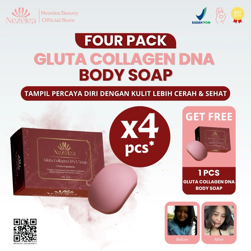 NEZELEA- Sabun Mandi Collagen DNA Salmon Paket 4 BOX Body Soap Mencerahkan Kulit GET FREE 1 PCS