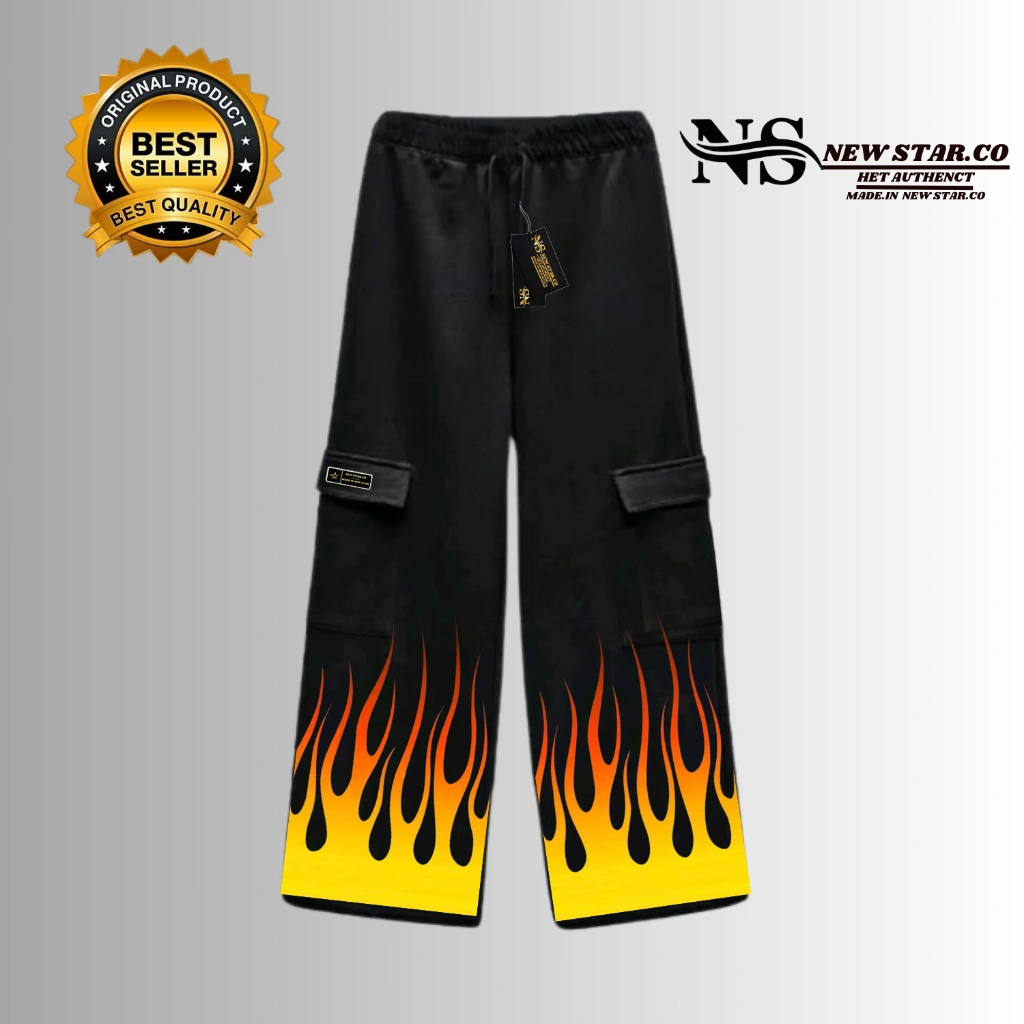 NEW STAR Celana Panjang Cargo Bahan Fleece Motif Api Cargo Fleece Long Pants Celana Panjang Flecee Pria Wanita Warna Hitam Model Skena