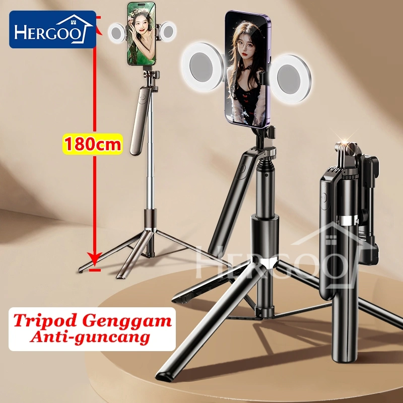 Z18 180CM Tongsis Anti-guncang Tripod Bluetooth Remote with Video Light Kontent Kreator HP/Kamera/GoPro kamera aksi DSLR  Holder Selfie Stick Tripod Stabilizer Handphone dengan 1/4 Adaptor